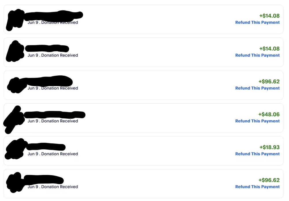 Redacted PayPal donation screenshot showing six donations received on June 9.